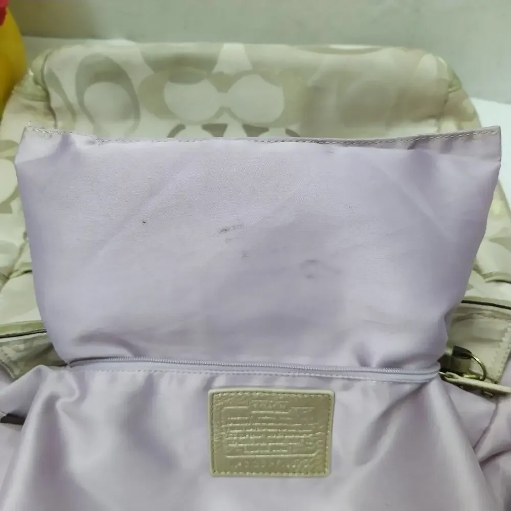 Coach Signature Cream Beige Canvas Leather Trim Double Handles Tote Shoulder Bag